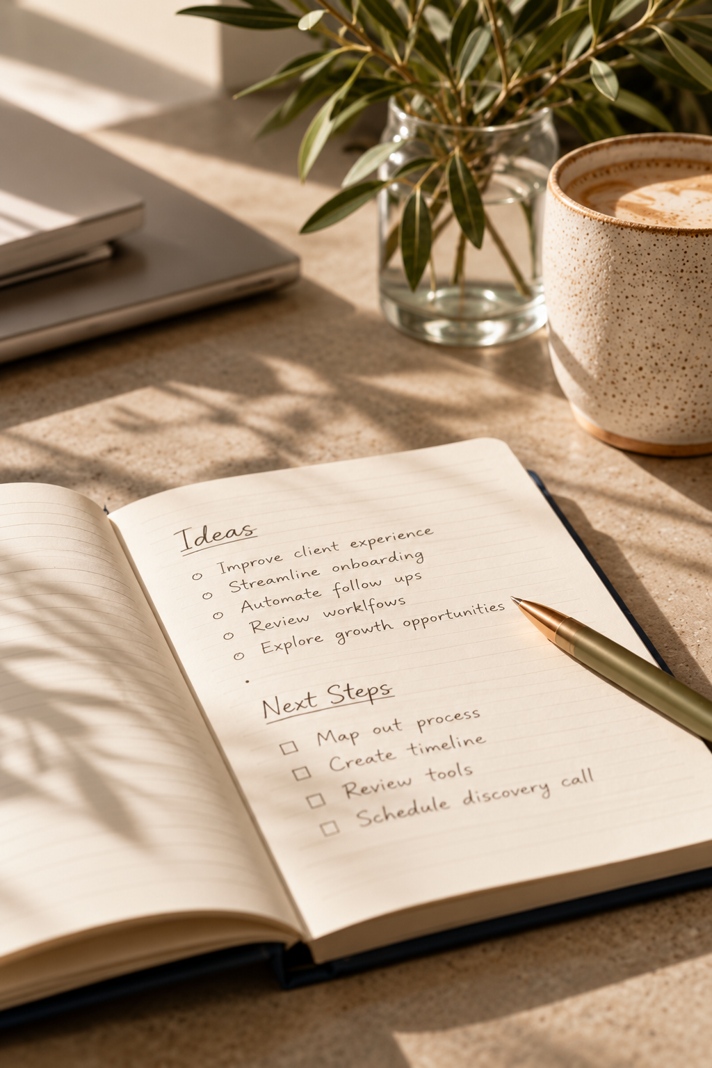 Open notebook with handwritten business ideas and next steps beside a coffee cup and laptop