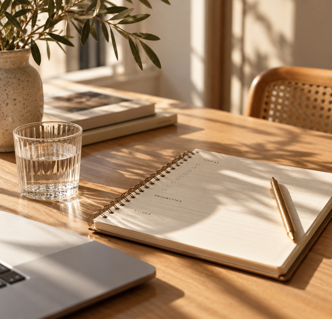 Sunlit wooden desk with an open daily planner, gold pen, glass of water, laptop, books, and potted olive tree