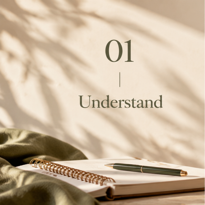 Step 1 – Understand: Open notebook and pen in warm sunlight, representing understanding business operations