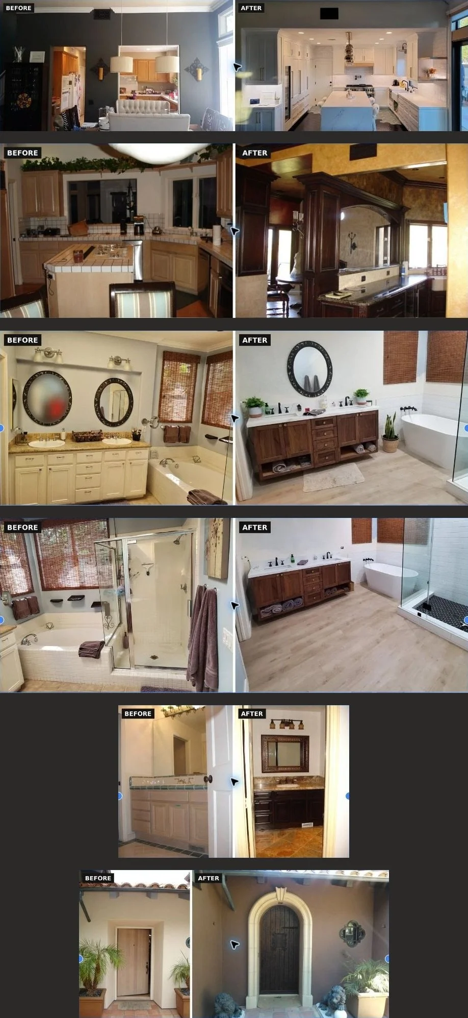 Six ORCA remodeling projects shown before and after, including kitchens, bathrooms, and a front entry.