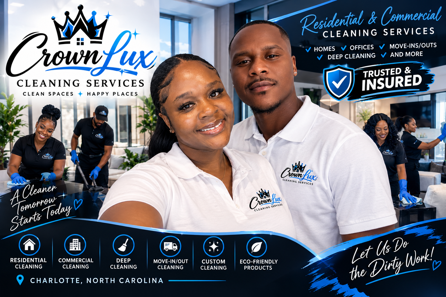 CrownLux Cleaning Services residential and commercial cleaning services promotional banner in Charlotte, North Carolina