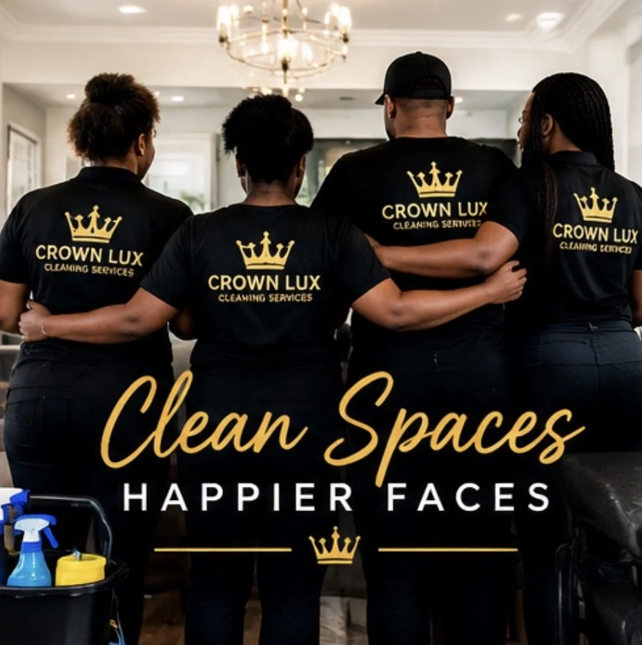 Four Crown Lux Cleaning Services team members standing together in branded uniforms with cleaning supplies, promoting “Clean Spaces, Happier Faces.”