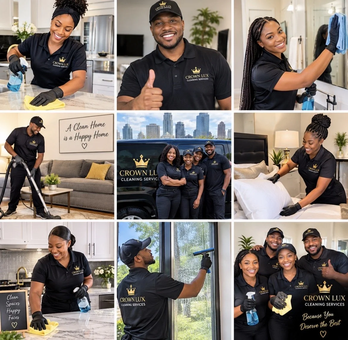 Crown Lux Cleaning Services team performing professional home cleaning, including wiping kitchens and bathrooms, vacuuming, making beds, and washing windows.