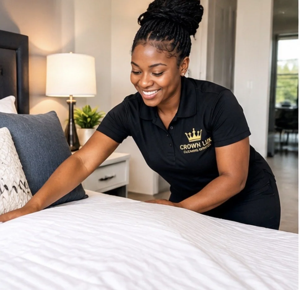 Smiling hotel housekeeper in a black Crown Hill polo making a bed in a bright bedroom