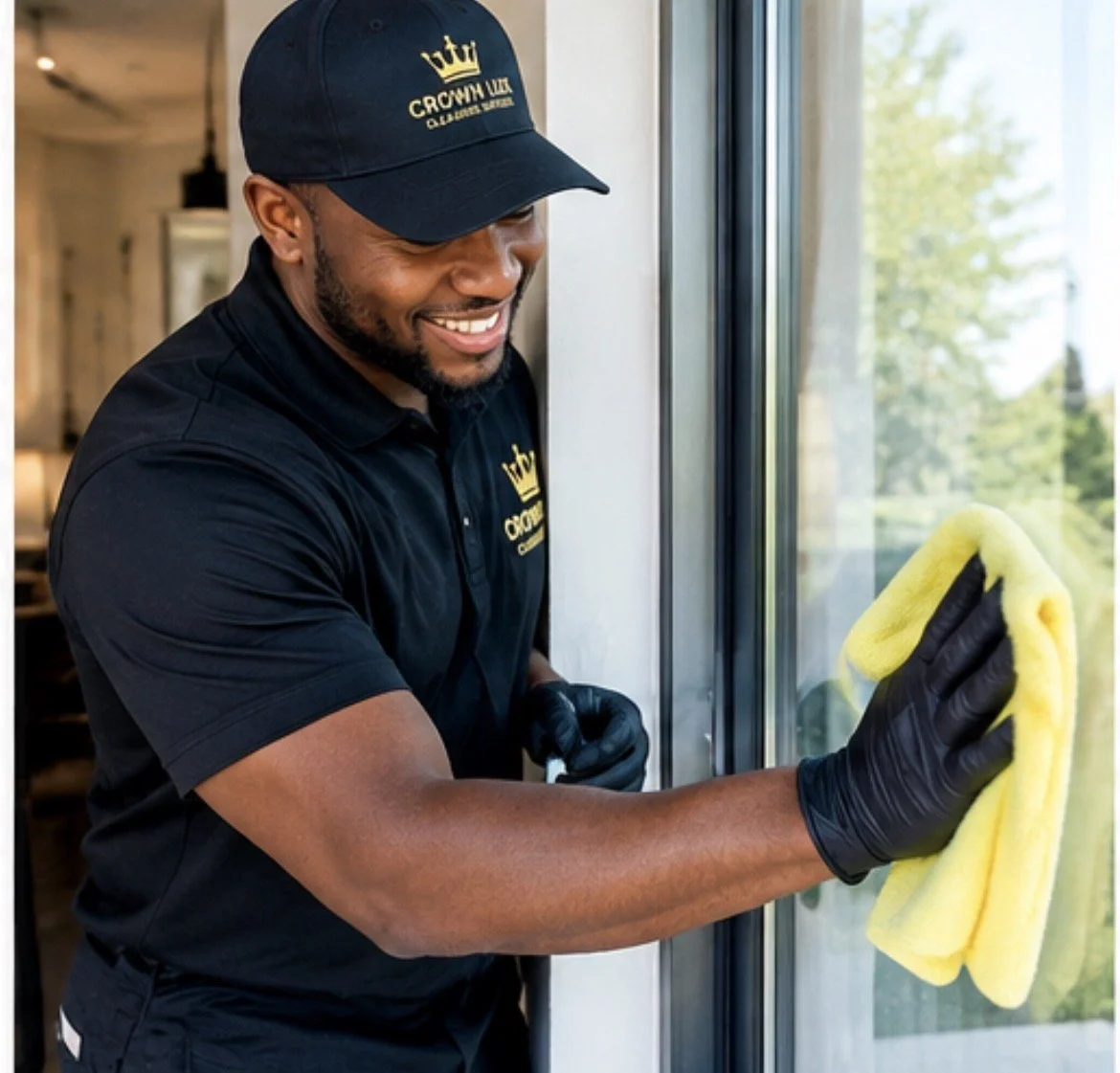 Smiling professional cleaner in black uniform and gloves wiping a glass window with a yellow microfiber cloth