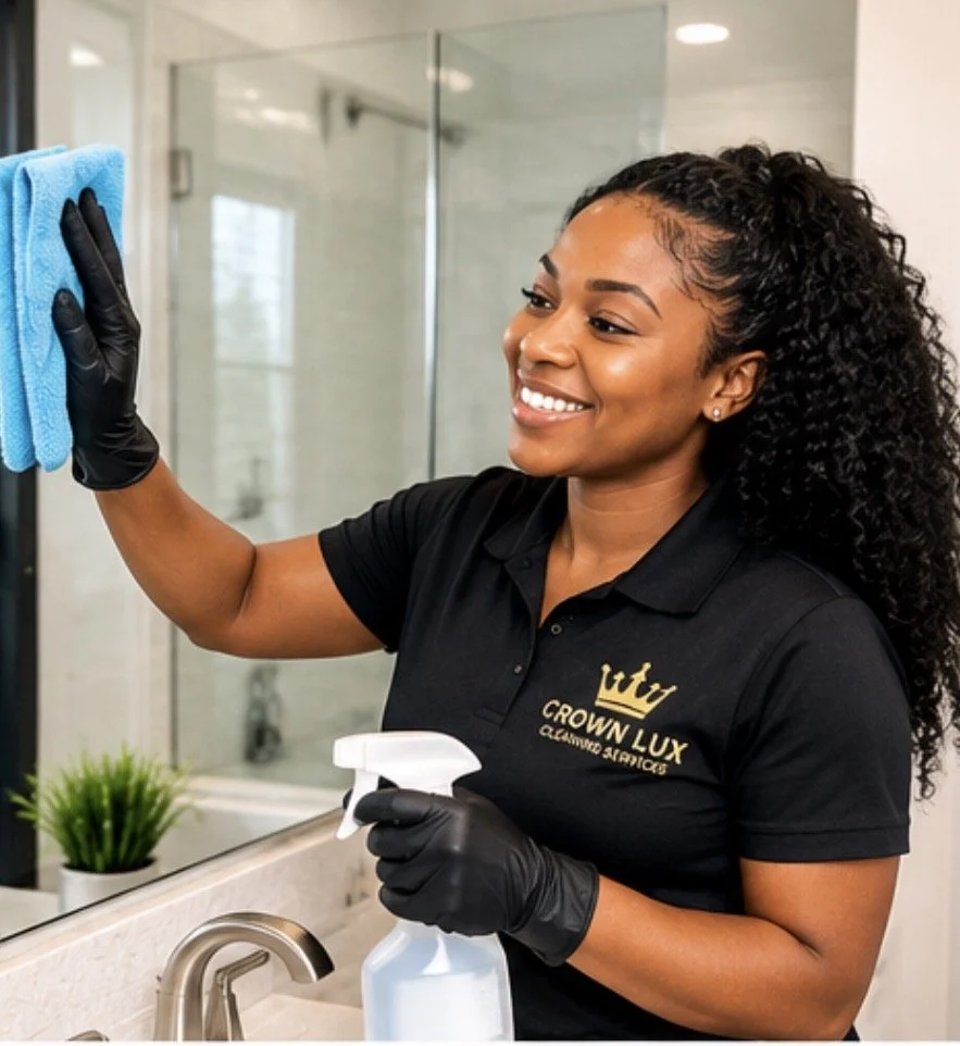 Professional cleaner in black gloves wiping a bathroom mirror with a blue microfiber cloth while holding a spray bottle