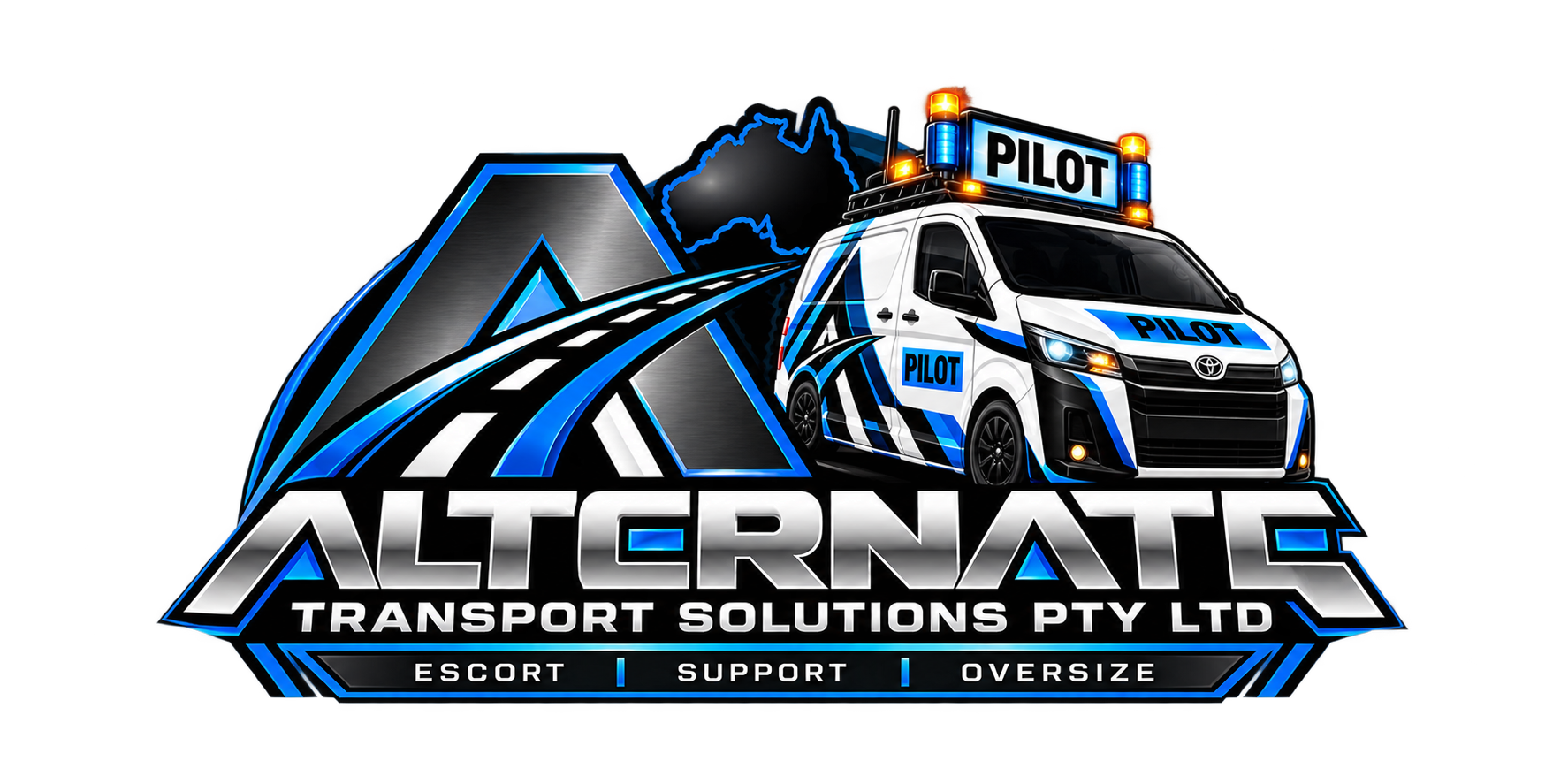 Alternate Transport Solutions Pty Ltd logo featuring a blue-and-white pilot escort Toyota van, mountain, road, and text reading “Escort | Support | Oversize.”