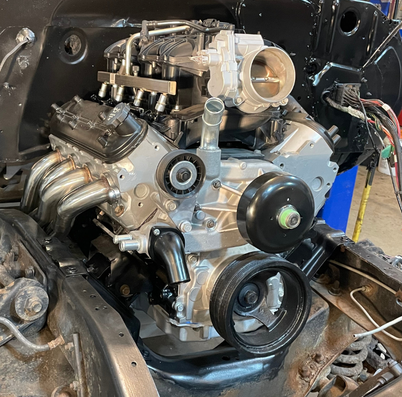 LS engine mounted in an engine bay at Found My LS Swap in Port Hope, Ontario