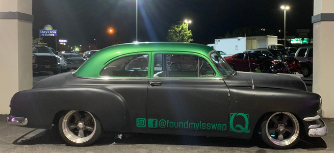 Black and green 1952 Pontiac classic car with Found My LS Swap branding