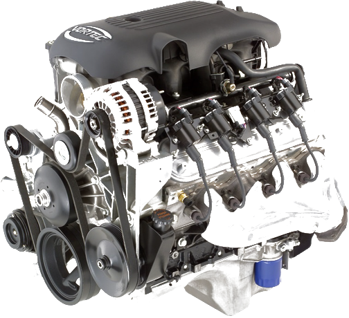 Cutaway V8 internal combustion engine with visible pulleys, belts, alternator, ignition coils, and blue oil filter