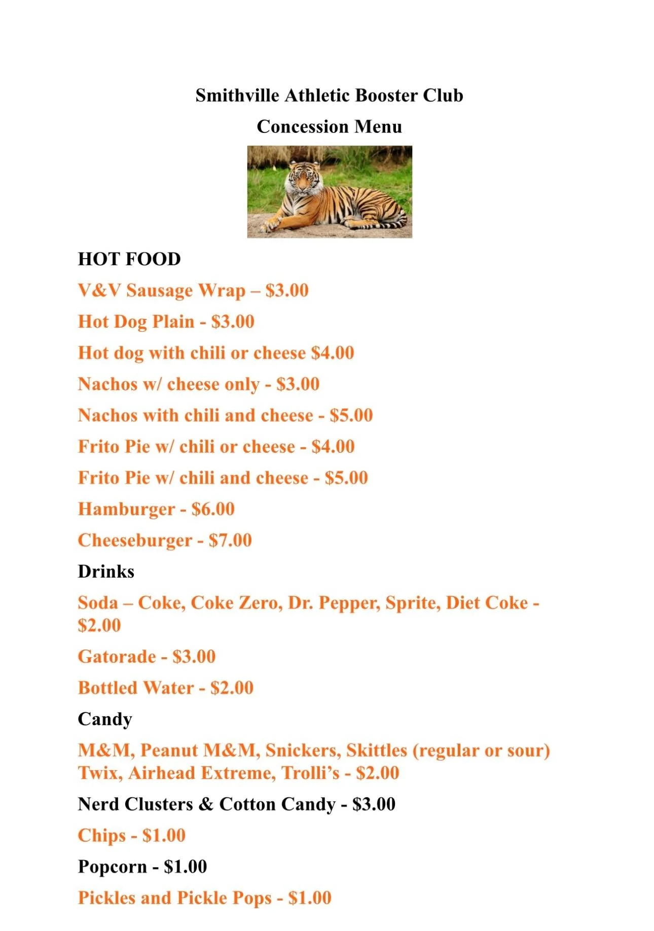 Concession menu from Smithville Athletic Booster Club featuring hot food, drinks, and candy options, with a picture of a tiger.