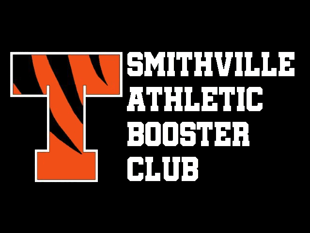 Smithville Athletic Booster Club logo with a large orange and black tiger-striped letter "T" and white text on a black background.