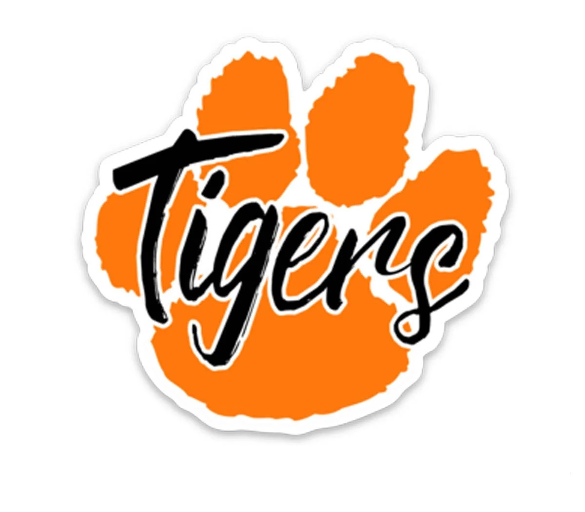 Sticker of an orange tiger paw print with the word "Tigers" written across it