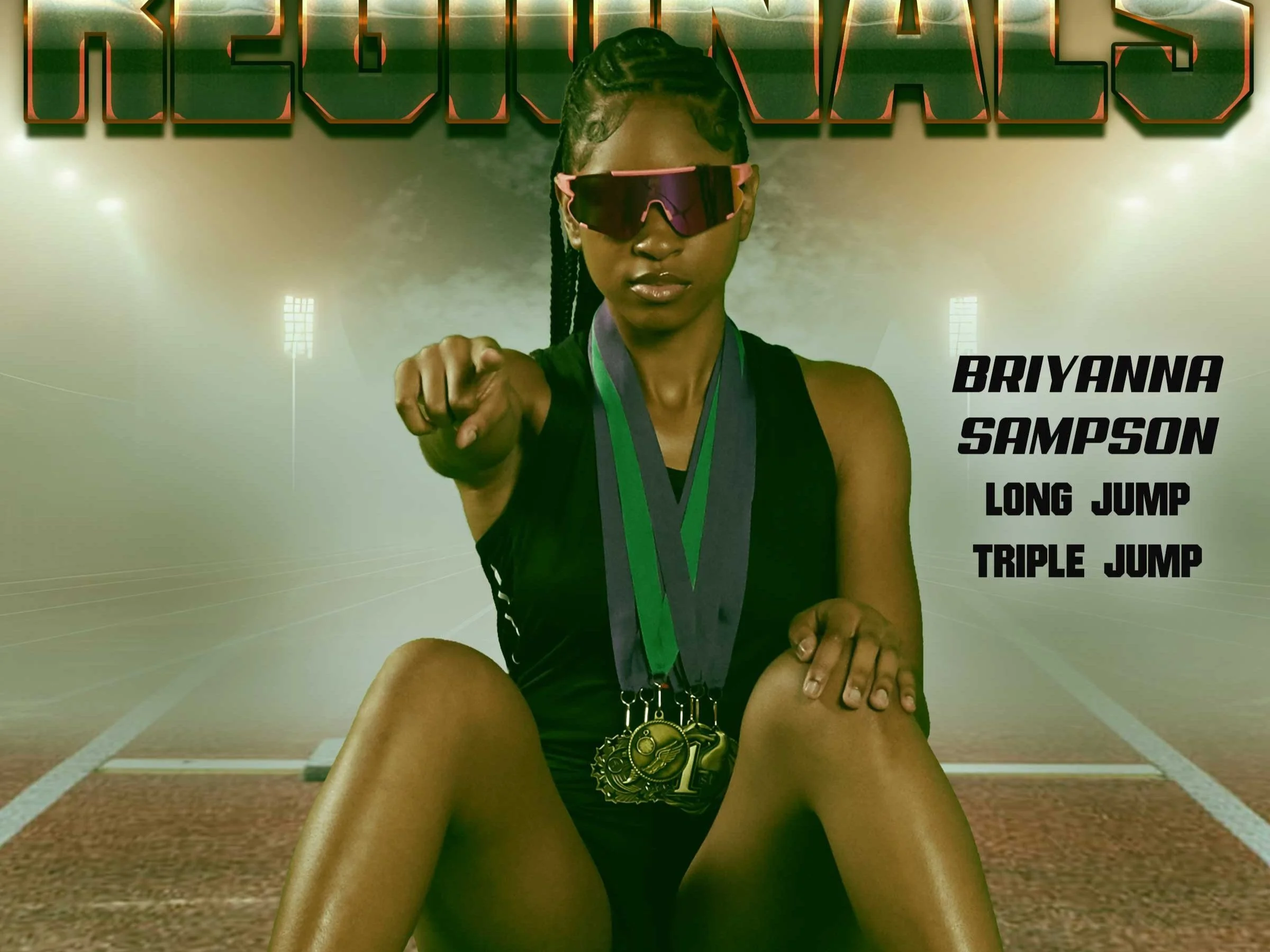 A female athlete, Briyanna Sampson, sitting on a track field, wearing sunglasses and a black athletic outfit, with medals around her neck. The background shows a stadium with bright lights and foggy atmosphere, and text indicating her name and her achievements in long jump and triple jump.