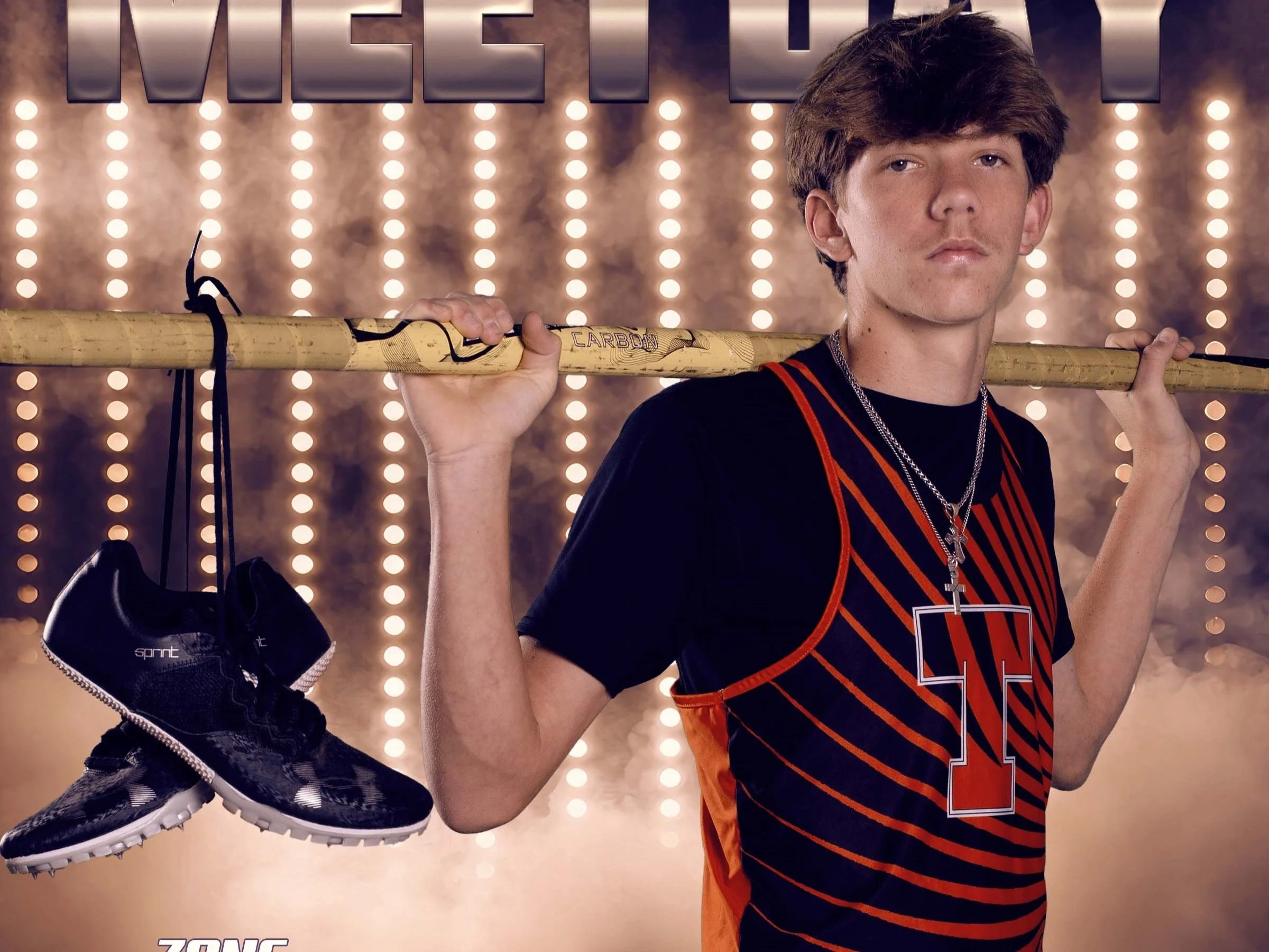 A teenage boy with brown hair holding a long yellow baseball bat over his shoulder, wearing a black and red sports jersey with the number 1, layered necklaces, and black athletic shoes hanging from the bat, with a background of bright lights and smoke.