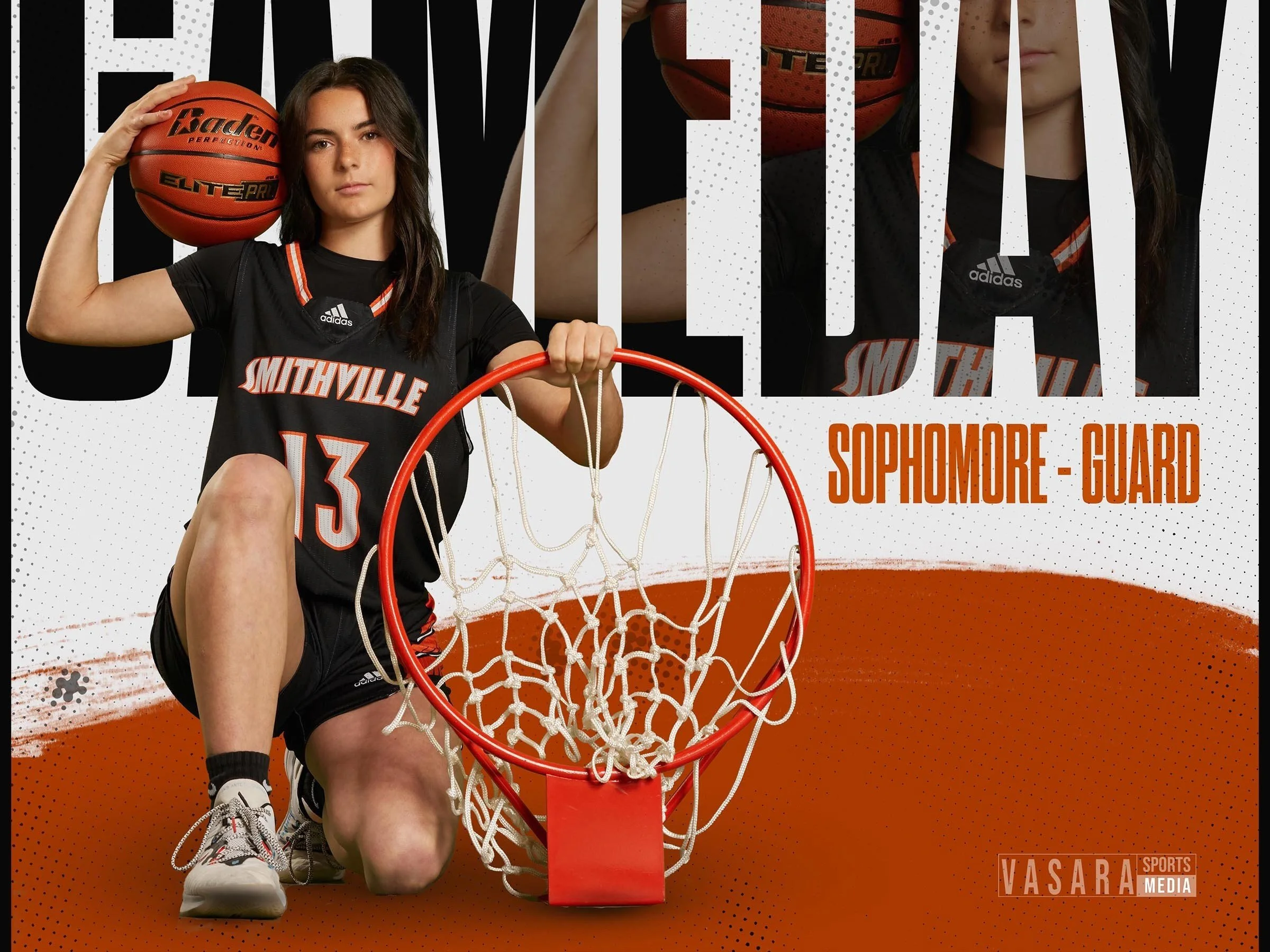 A female basketball player in a black jersey with the number 13 holding a basketball on her shoulder and kneeling next to a basketball hoop and net. The text overlay identifies her as a Sophomore Guard from Smithville.