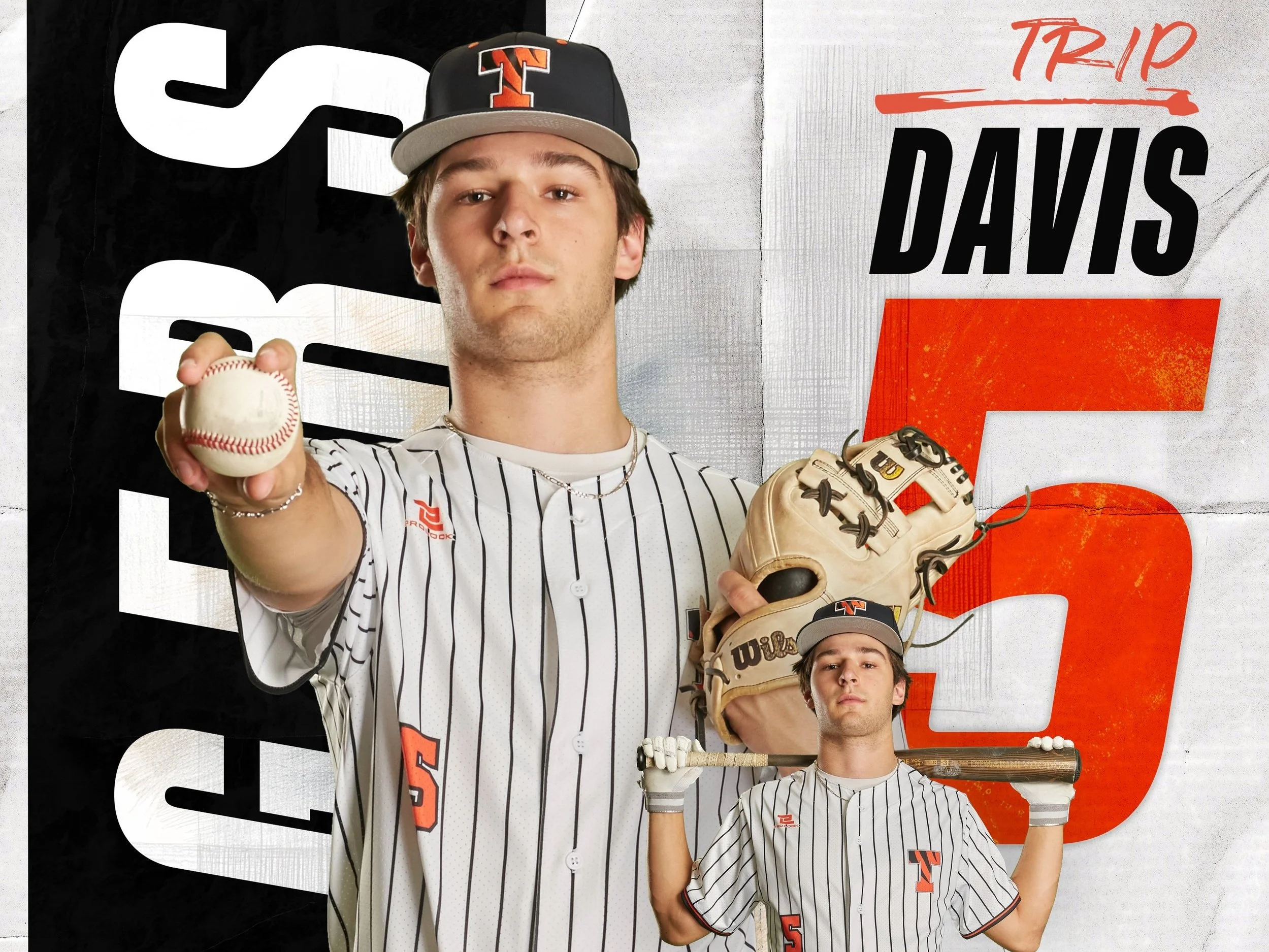 A young baseball player in a striped uniform holding a baseball and a bat, with a stylized background including the text 'TRIP DAVIS 5' and a smaller image of the same player holding a baseball glove and bat.
