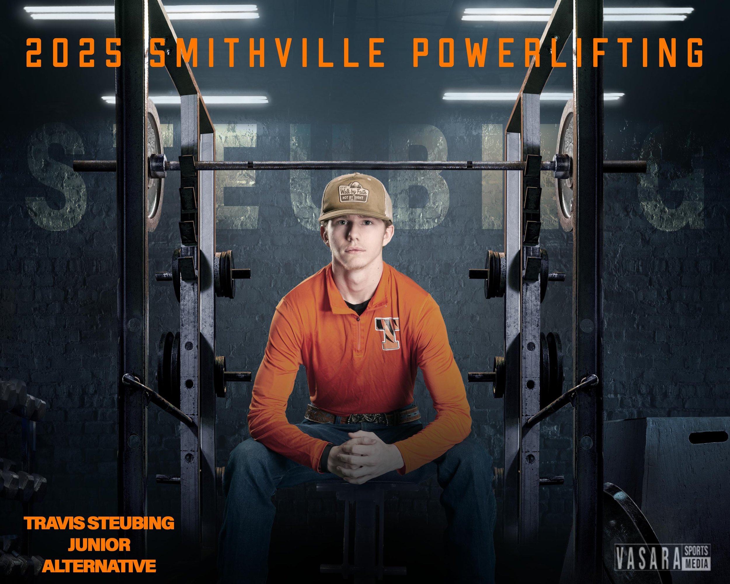 A young male powerlifter sitting in a gym, surrounded by weightlifting equipment, wearing an orange athletic shirt, a beige cap, and jeans. The image promotes the 2025 Smithville Powerlifting Junior Alternative event, with black brick walls and overhead lighting in the background.