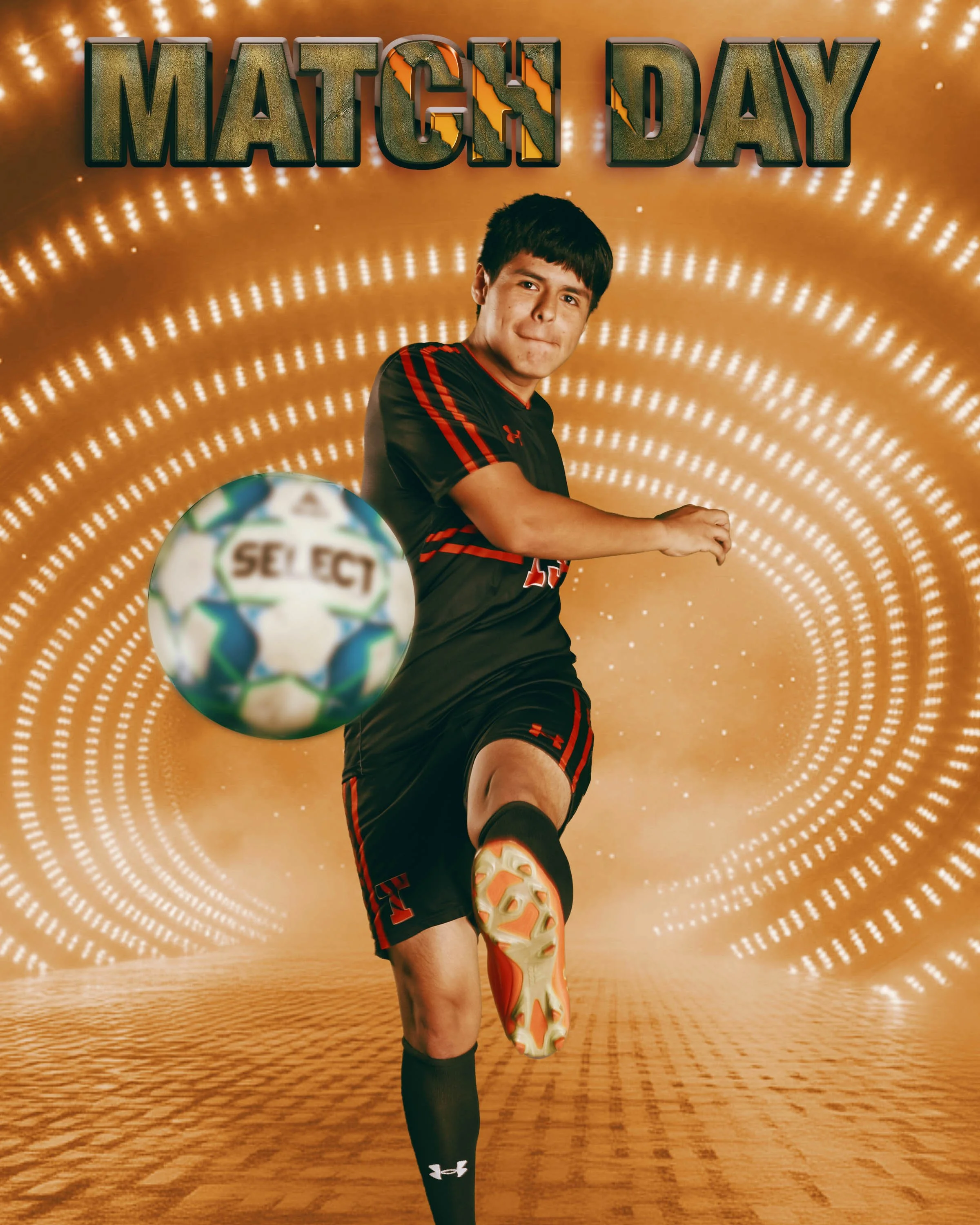 A young male soccer player in a black and red uniform kicking a soccer ball, with the text 'Match Day' at the top and a digital tunnel background.