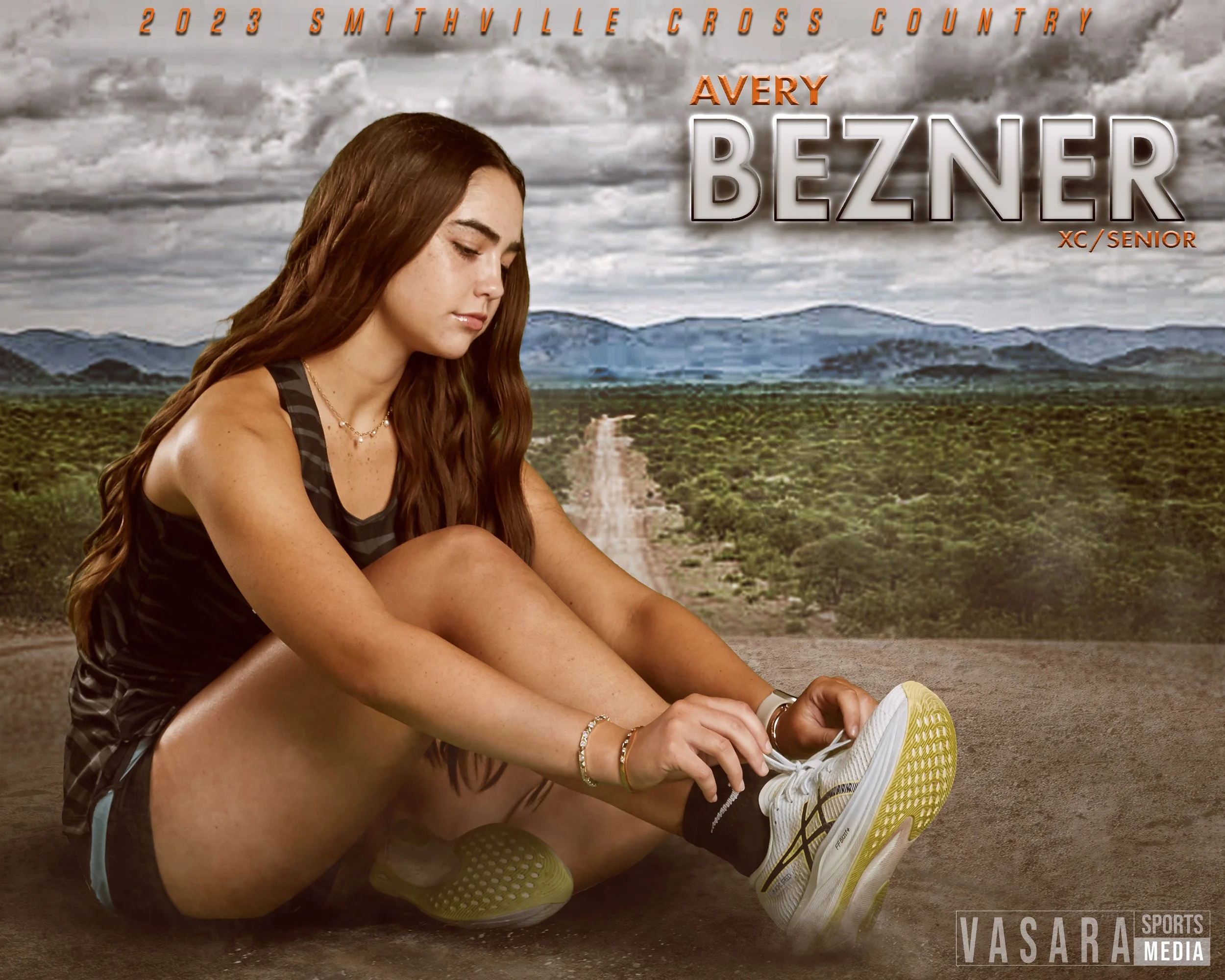 A young female athlete, Avery Bezner, is sitting on a dirt path in a rural landscape, tying her running shoe. She has long brown hair and is wearing a black and gray athletic outfit. The background features mountains, greenery, and a cloudy sky, with text overlaid indicating she is a senior cross country runner from Smithville for 2023.