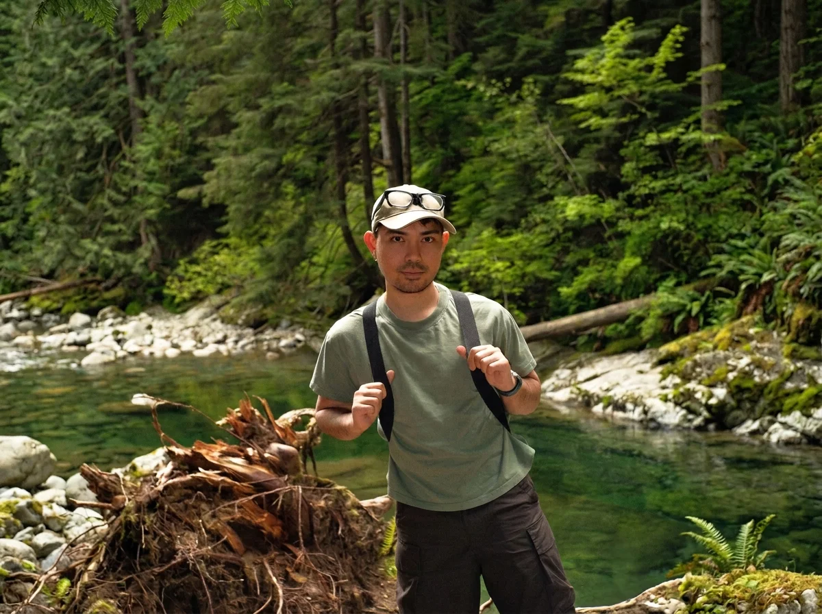 Hiker with a backpack standing beside a clear forest stream surrounded by evergreen trees and mossy rocks