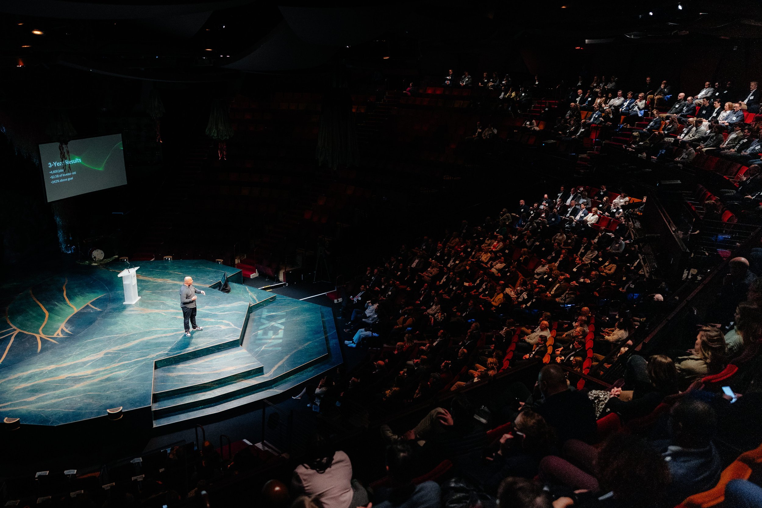 Speaker presenting on a theater stage to a large seated audience, with a presentation screen showing three-year results.