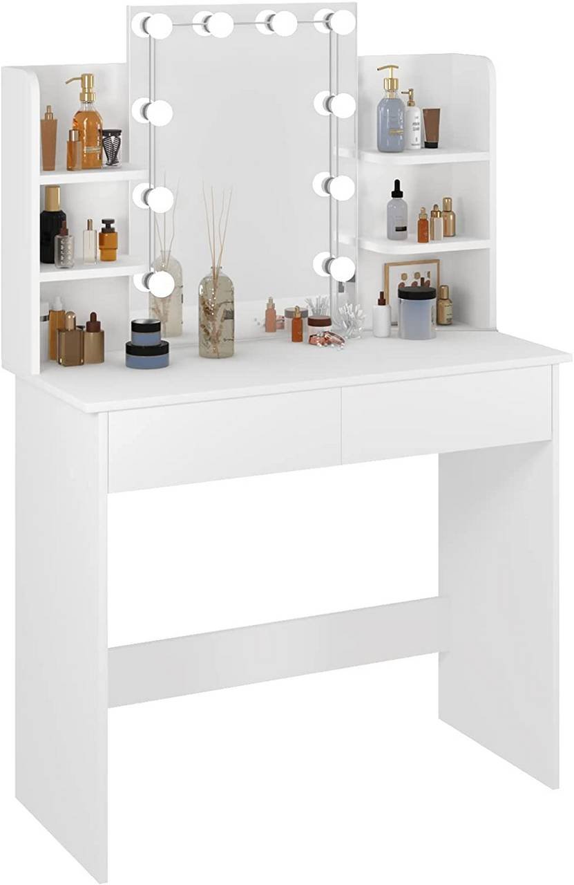 White Woltu dressing table vanity with LED mirror, two drawers and open shelves