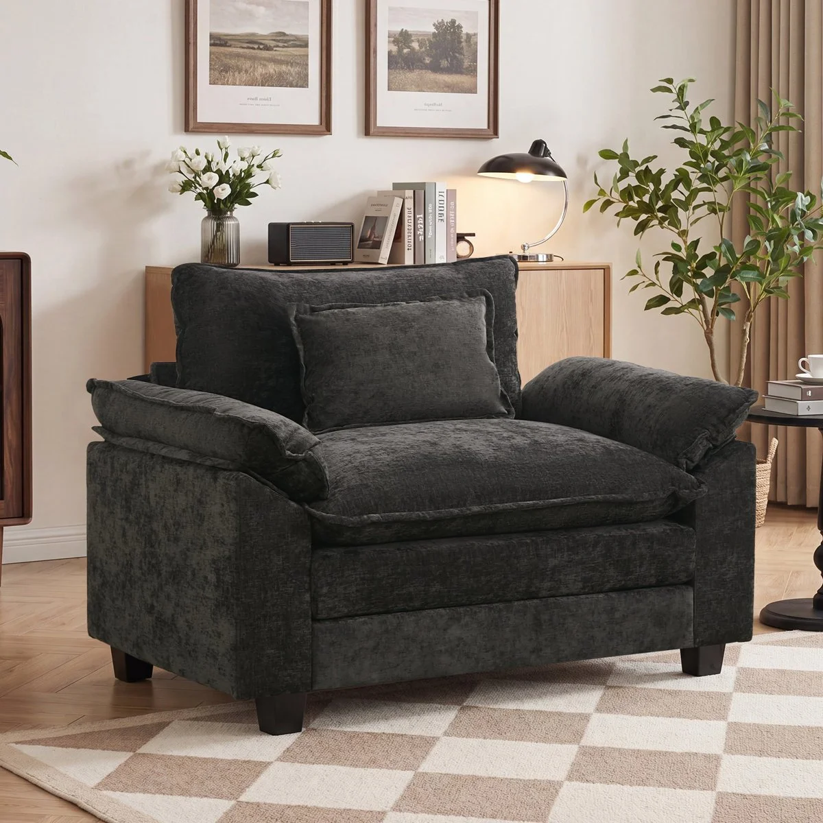 Latitude Run 53" Comfy Cloud Couch Deep Seat Sofa Chair With Throw Pillow – Black Chenille — product photo
