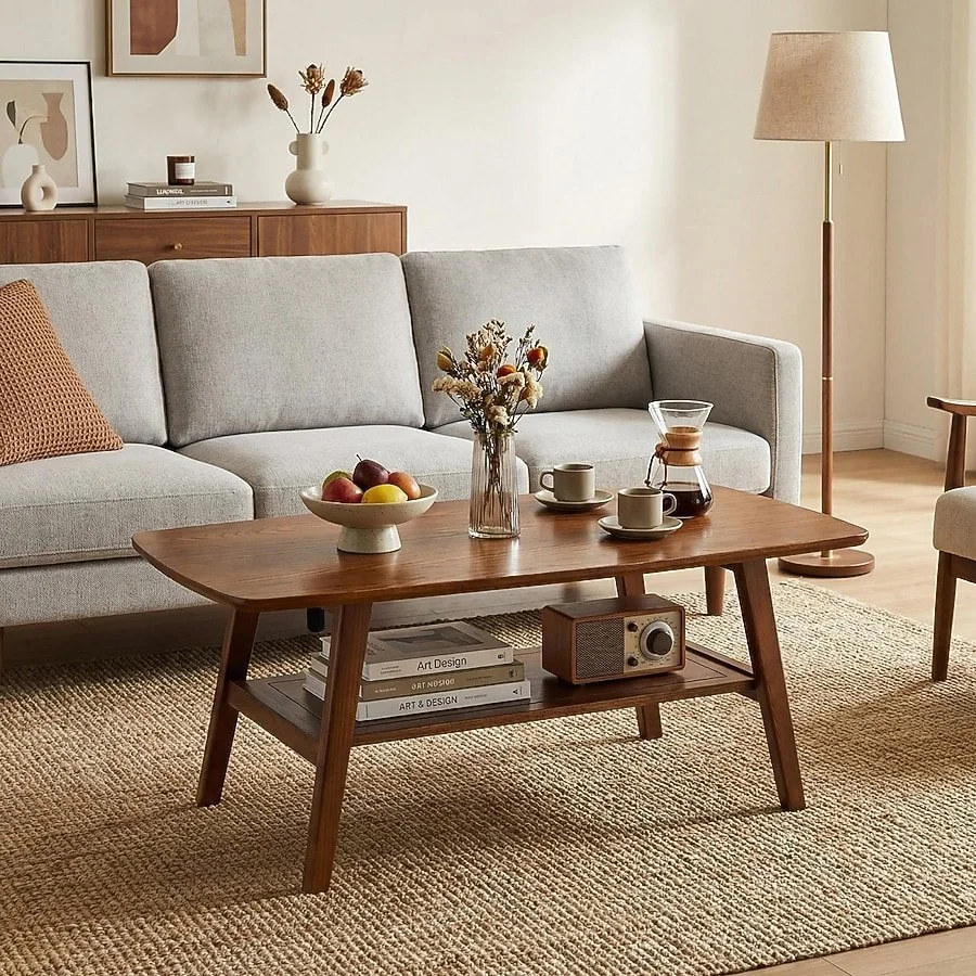 Streamdale mid-century modern solid oak two-tier coffee table in a living room
