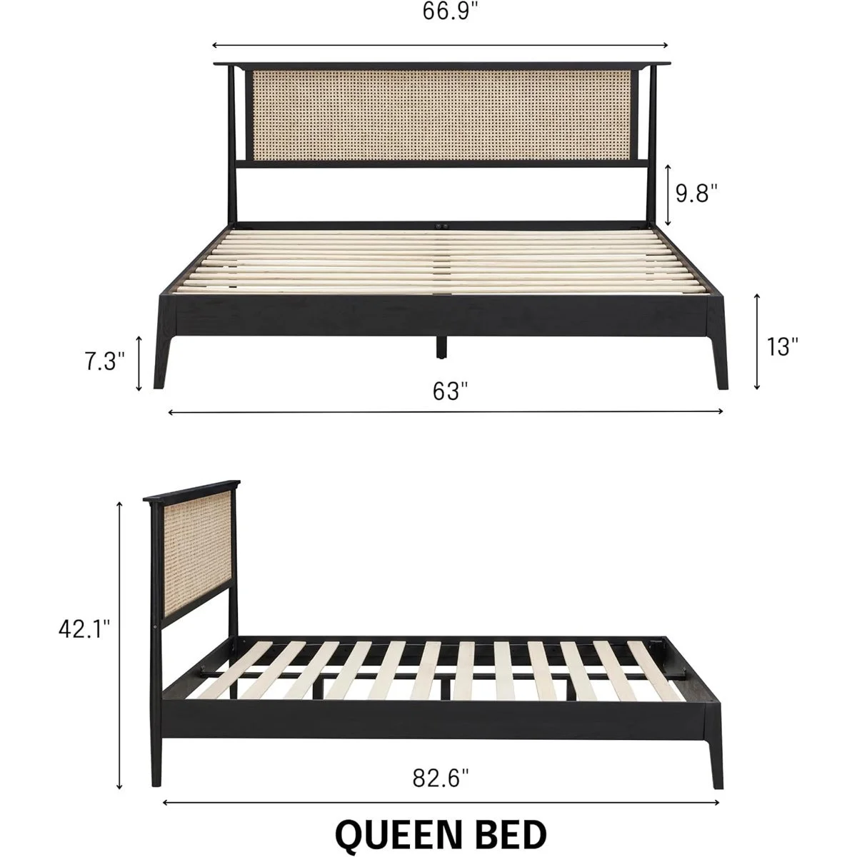 NTC Ruby Solid Wood Platform Bed With Natural Rattan Headboard – Queen, Burnt Black