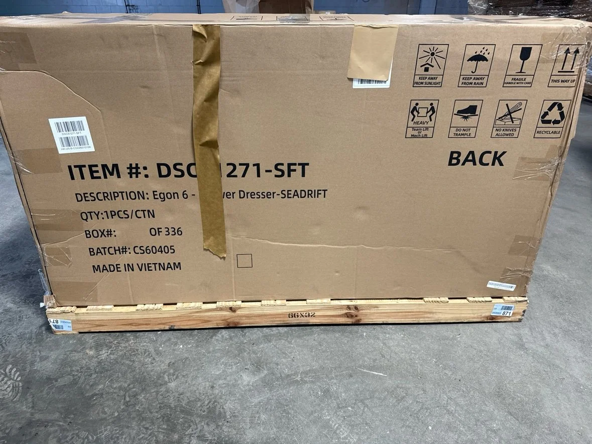 HULALA HOME Egon 62" Wide Modern Velvet-Lined 6-Drawer Dresser With Hidden Drawer – Seadrift in its box at our Sylvania Bargain Bin warehouse