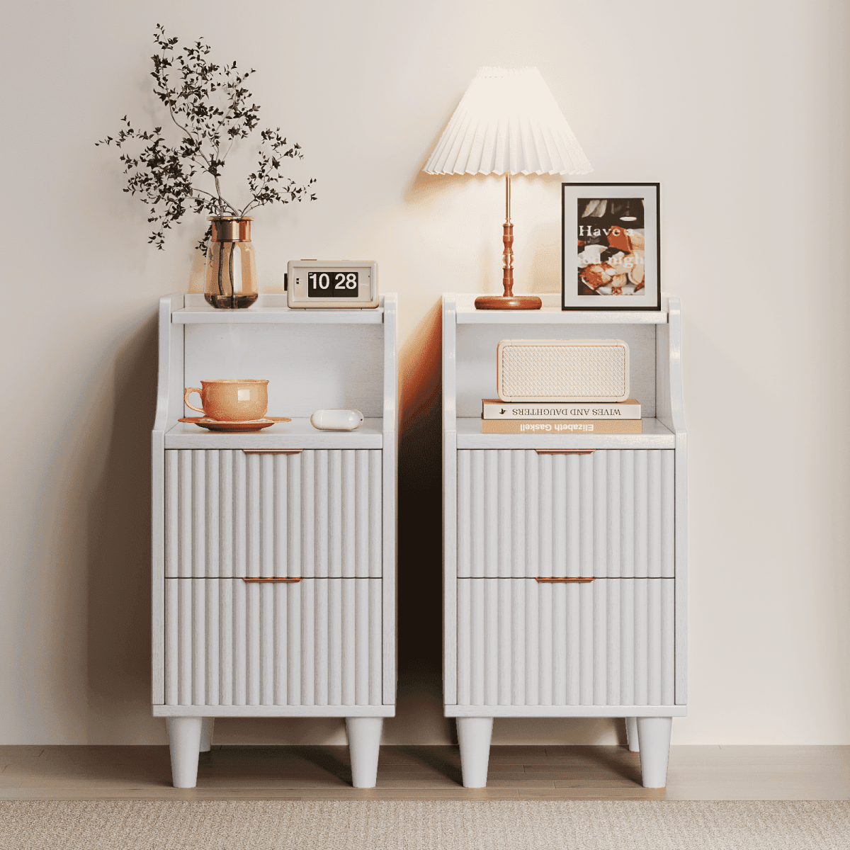 Oxirth 2PC Narrow Nightstand, 11.8" Fluted Bedside Tables with 2 Drawers & Open Shelf, Slim Mid-Century Modern End Table – White & Gold Accent