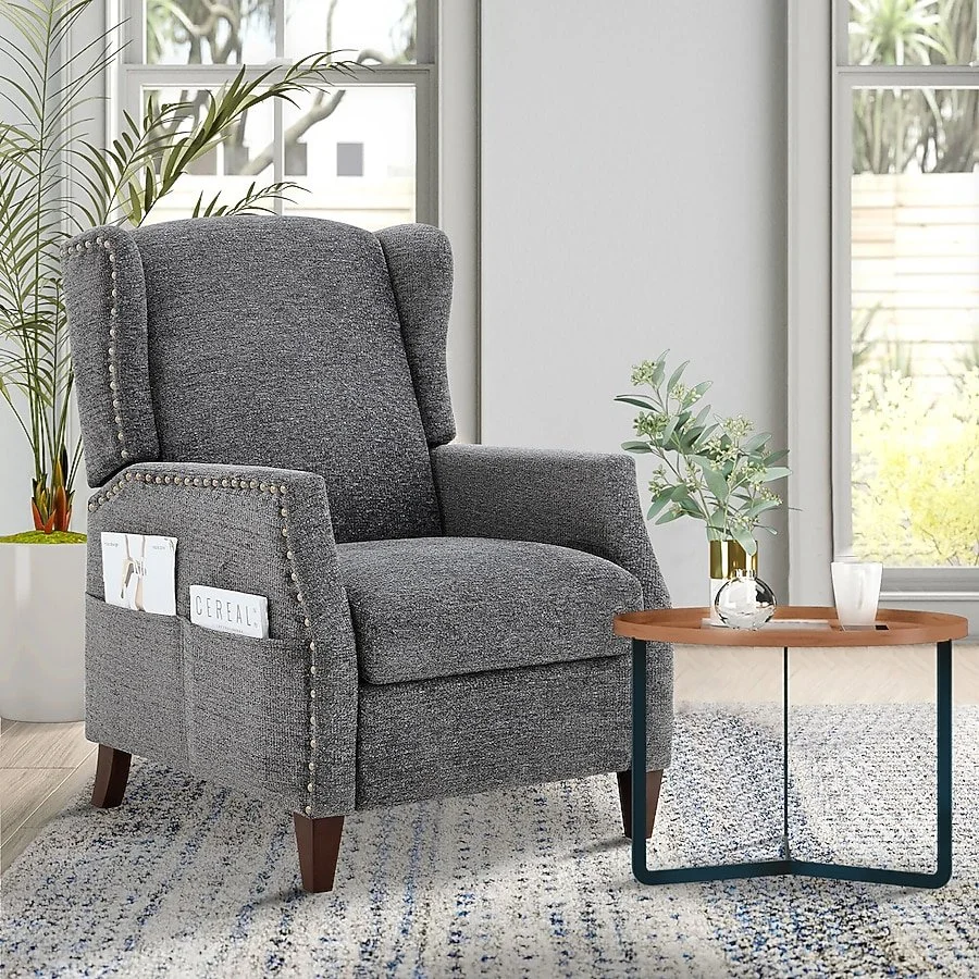 ViviHav Dark Gray Fabric Push-Back Recliner Chair with Nailhead Trim