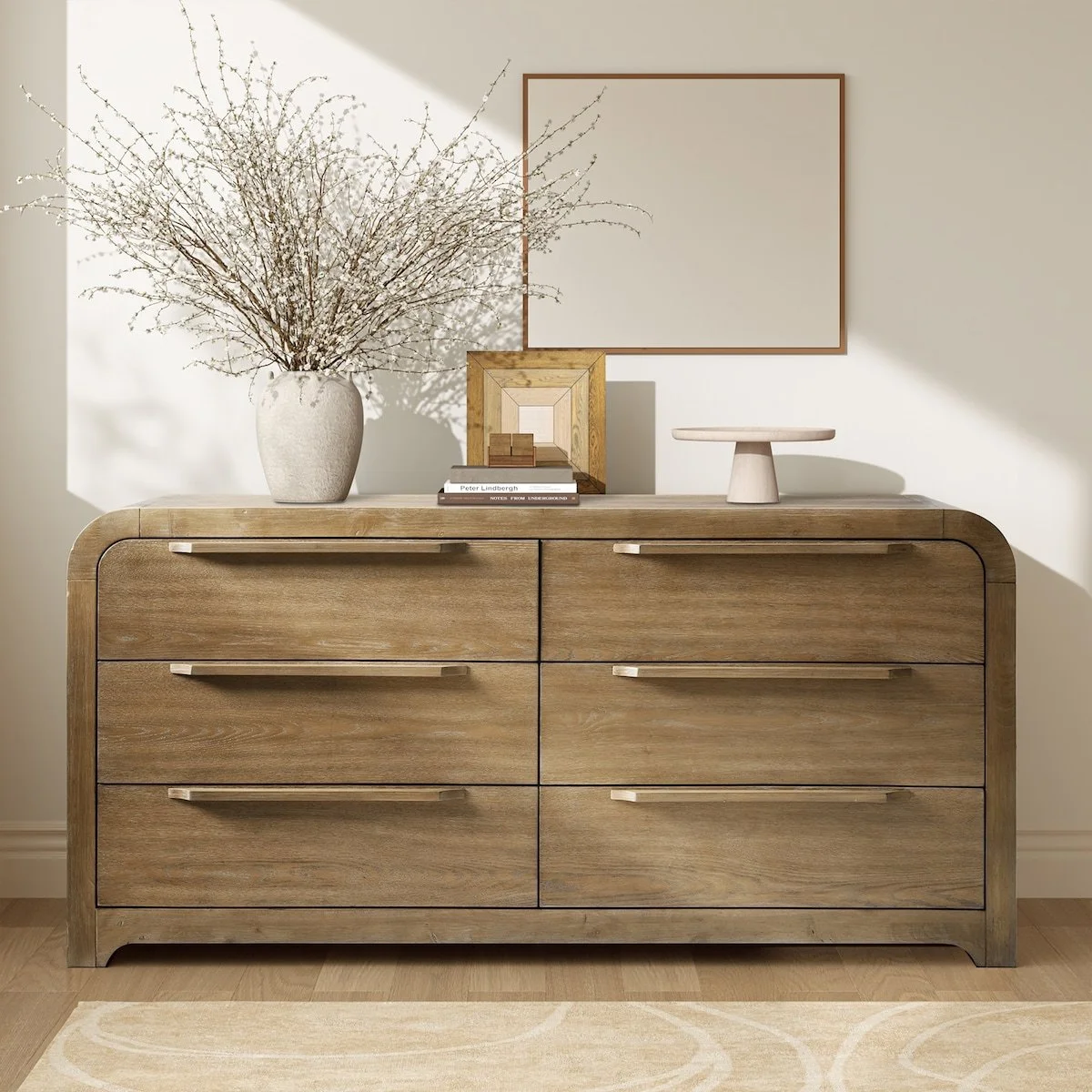 HULALA HOME Egon 62" Wide Modern Velvet-Lined 6-Drawer Dresser With Hidden Drawer – Seadrift