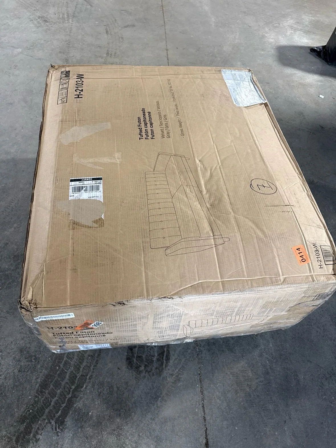 Pin-Tufted Transitional Futon in Gray Velvet in its box at our Sylvania Bargain Bin warehouse