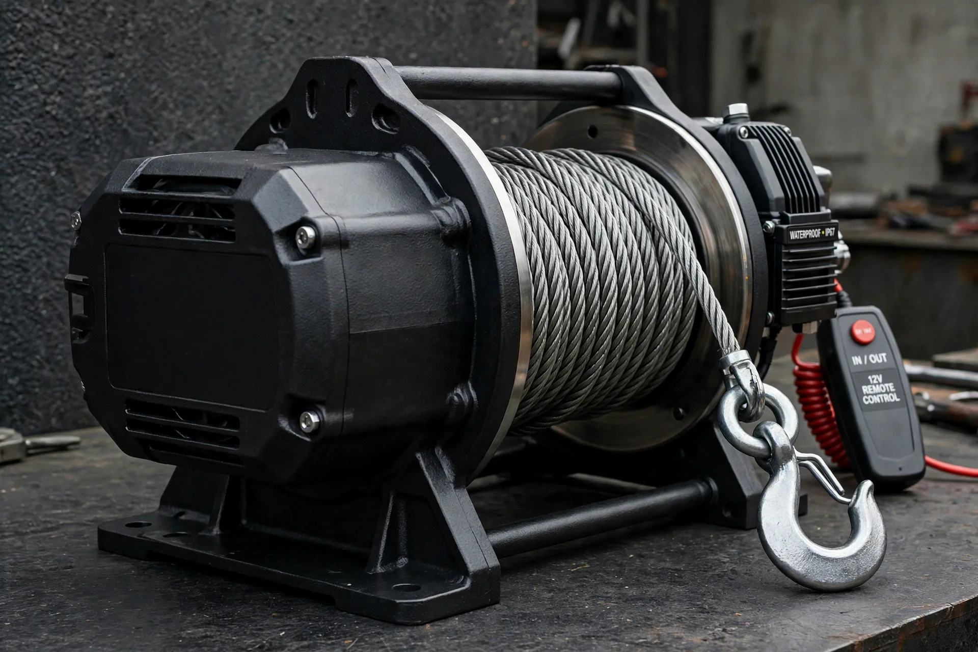 Heavy-duty electric winch with steel cable, hook, and 12V remote control on a workshop bench