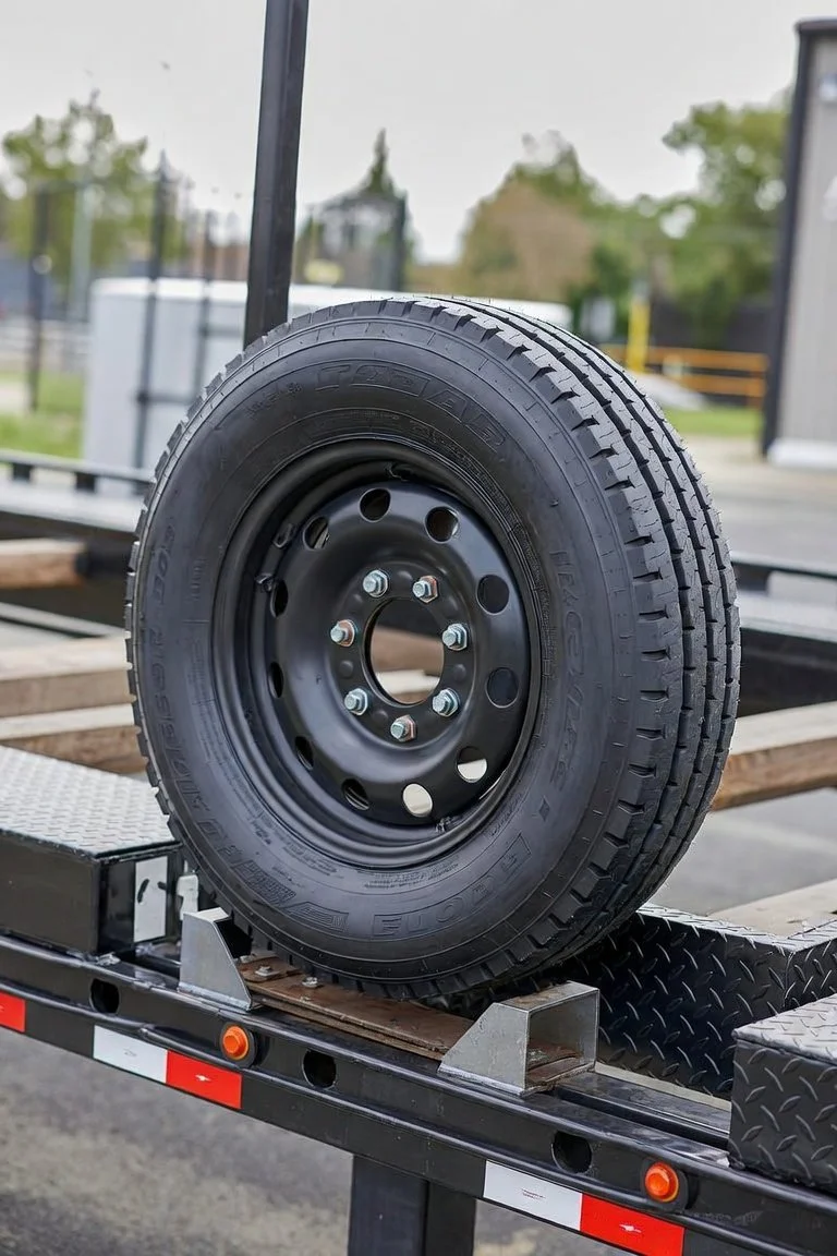Black spare tire mounted on a steel wheel atop a utility trailer
