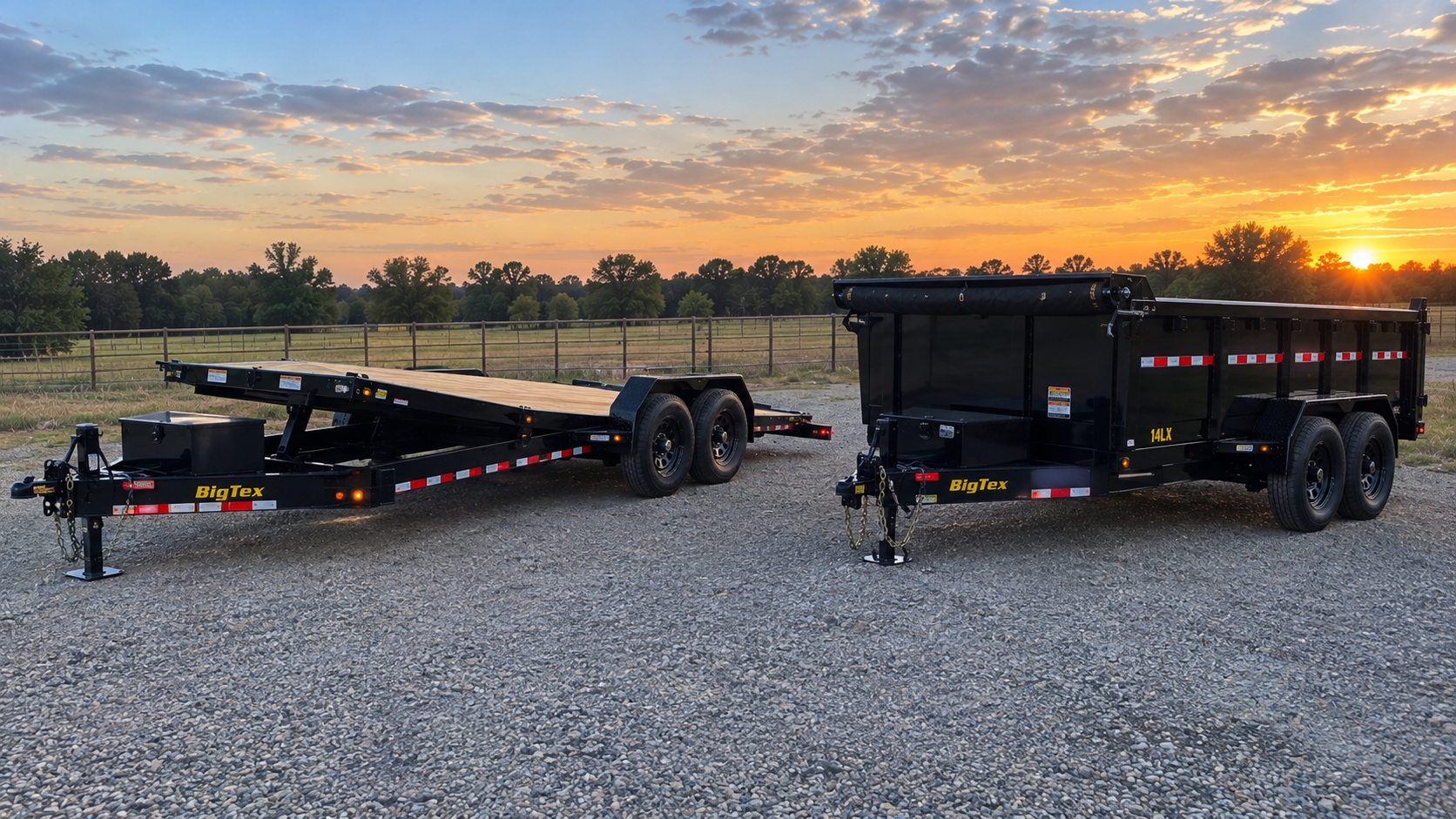 Big Tex black utility trailers, including a tilt-deck equipment trailer and dump trailer, parked at sunset