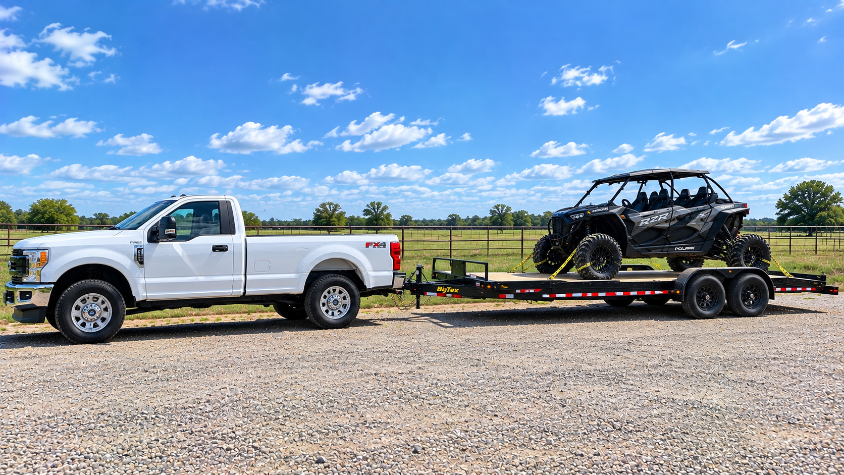 White Ford F-150 pickup truck towing a flatbed trailer with a black Polaris RZR side-by-side through a rural field