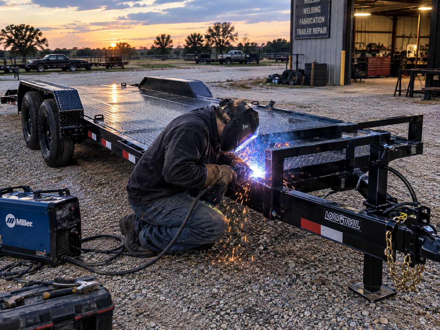 Welder repairing a black utility trailer with sparks outside a welding and fabrication shop at sunset