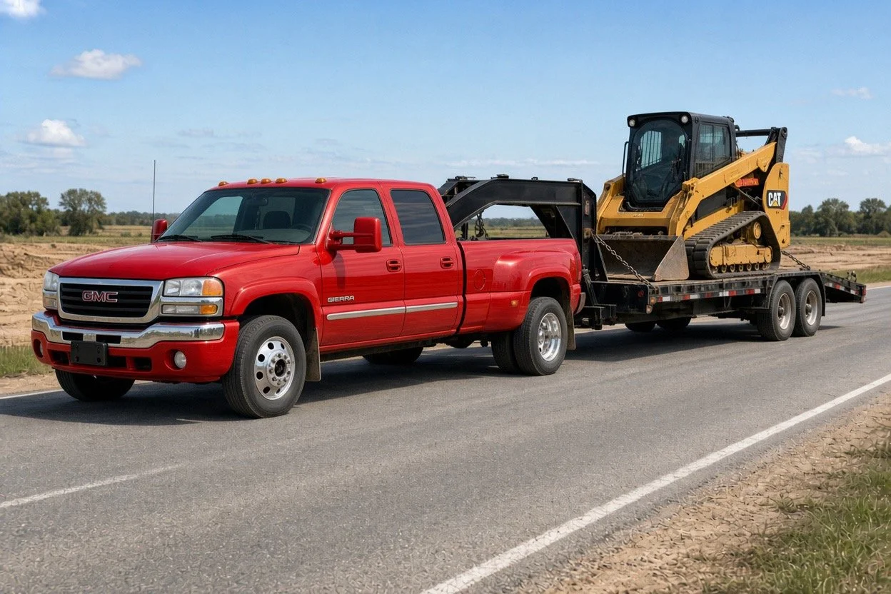 Red GMC Sierra pickup truck towing a flatbed trailer carrying a yellow CAT tracked skid steer on a rural road