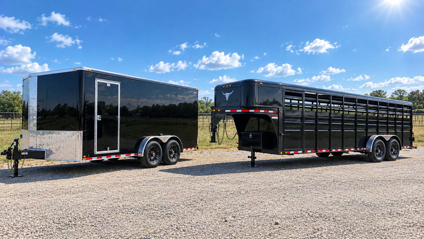 Black enclosed cargo trailer and black livestock trailer parked outdoors under a sunny blue sky