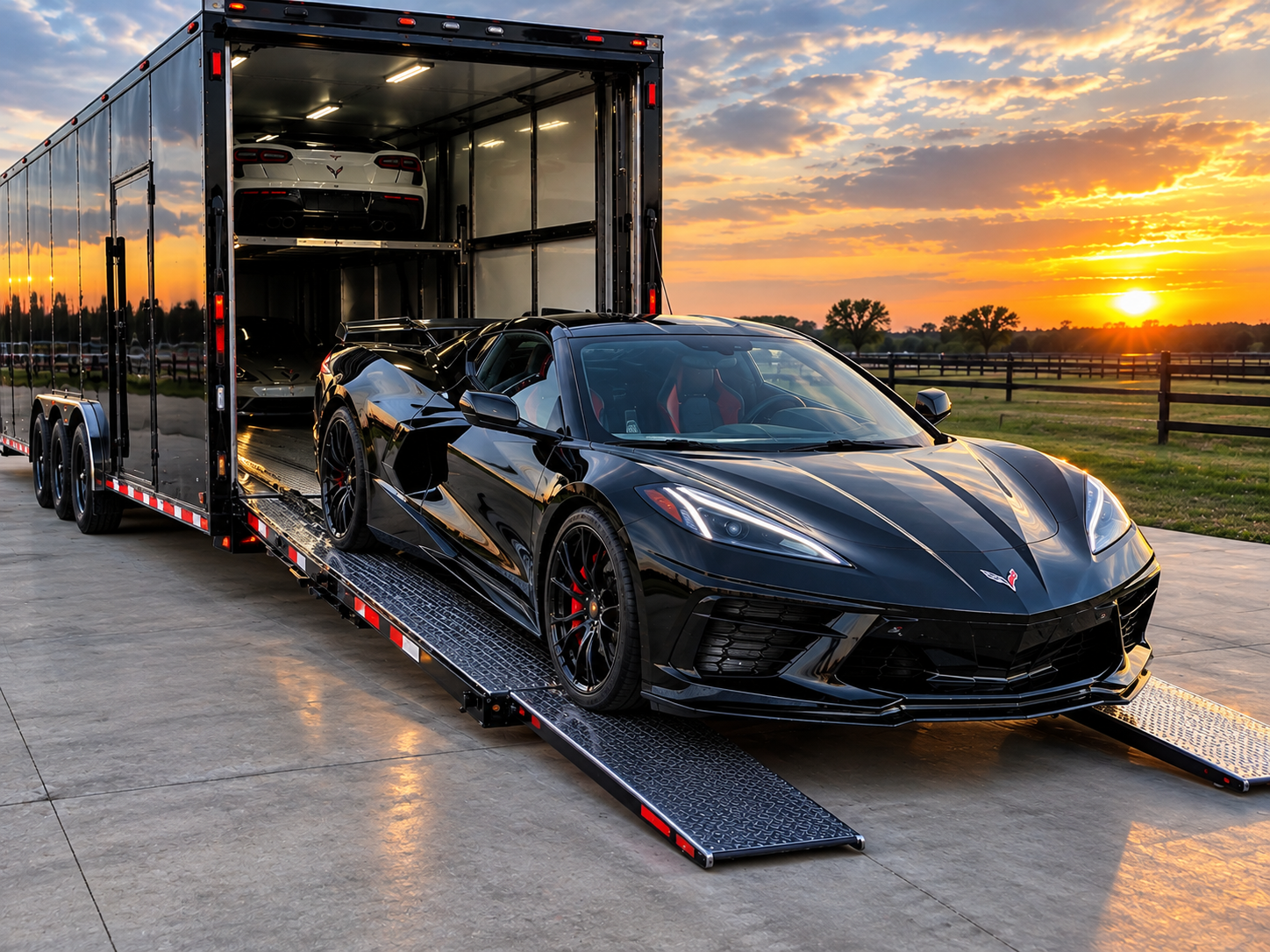 Black Chevrolet Corvette sports car loading onto an enclosed car trailer at sunset, with another Corvette inside