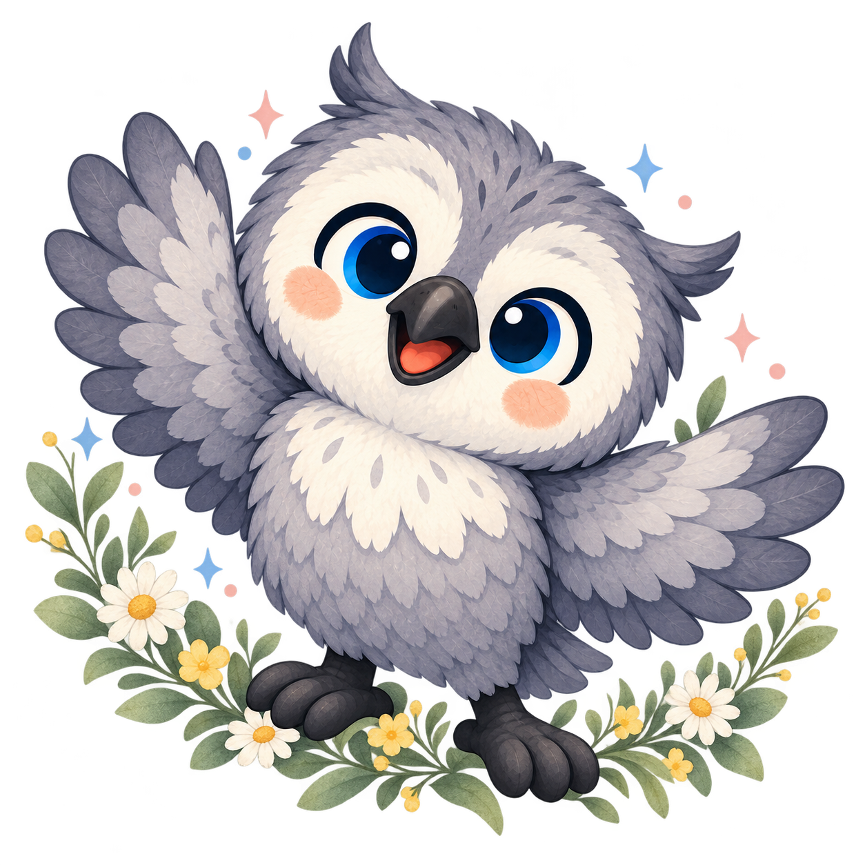 Ollie the grey owl waving among leaves and daisies