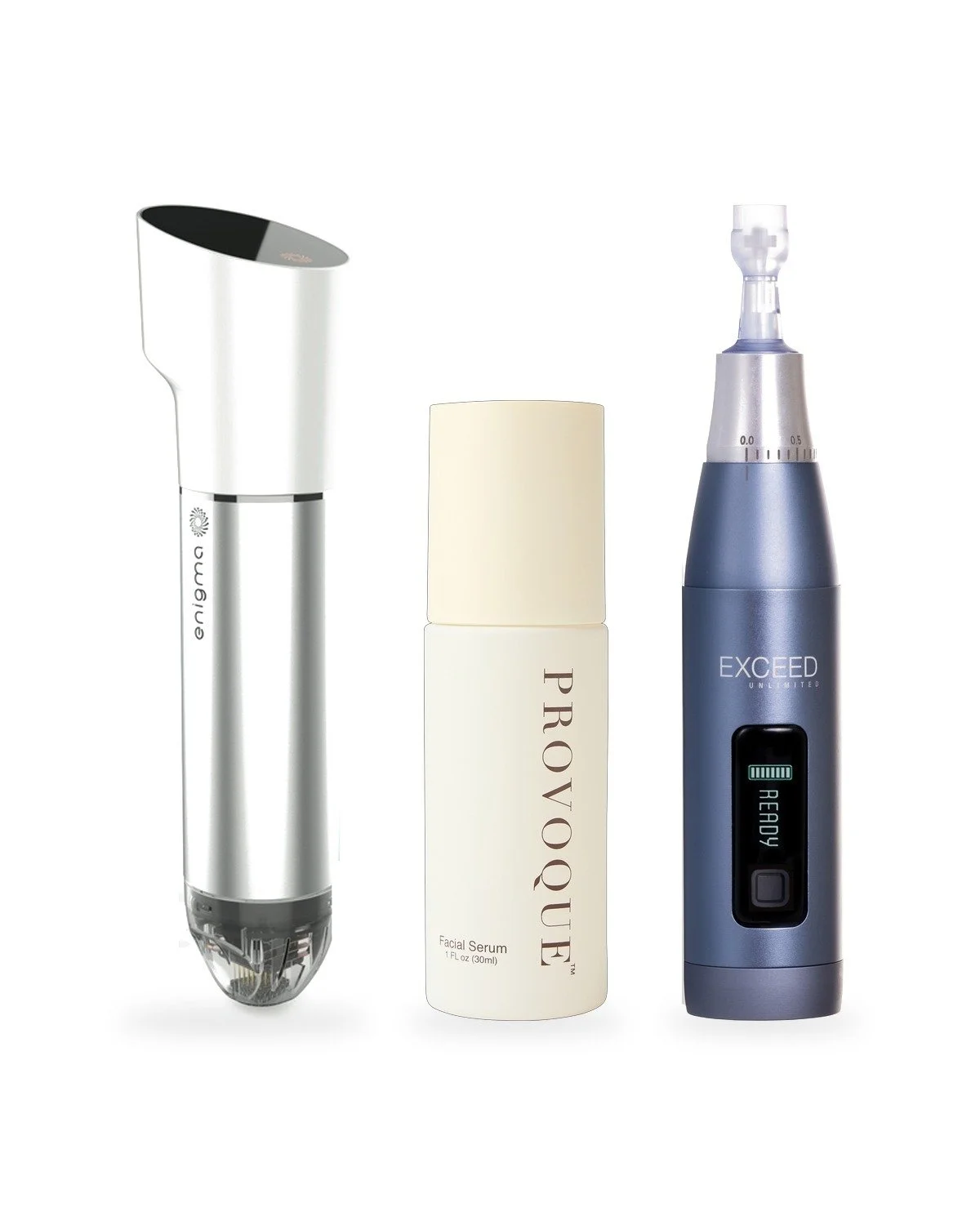 Three skincare products on a white background: a silver microneedling device, Provoque facial serum, and blue Exceed electronic microneedling pen.