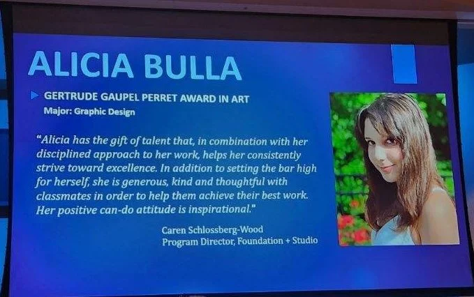 Award presentation slide featuring Alicia Bulla, recipient of the Gertrude Gaupel Perret Award in Art for graphic design, with her portrait and congratulatory citation.