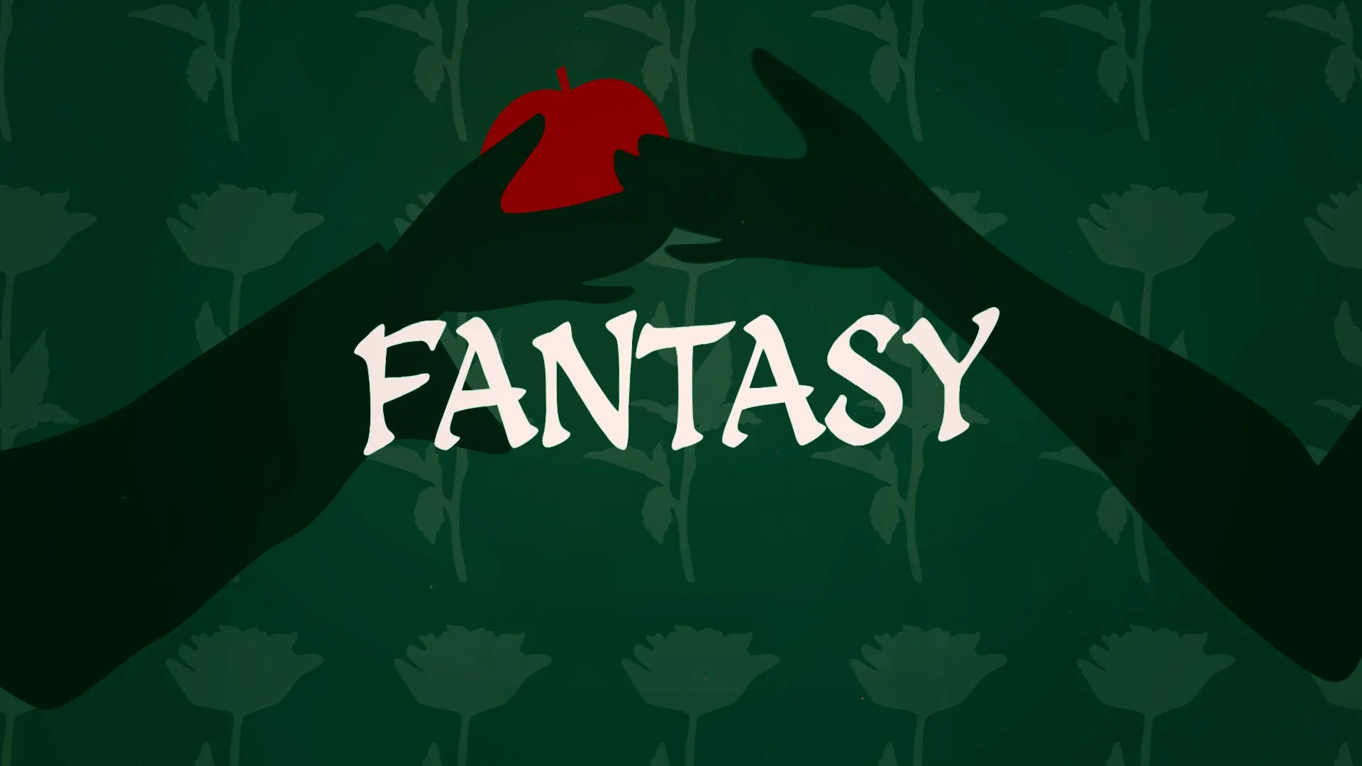 Dark green fantasy-themed graphic with a red apple and black silhouetted dragon or bat wings behind the word “FANTASY.”