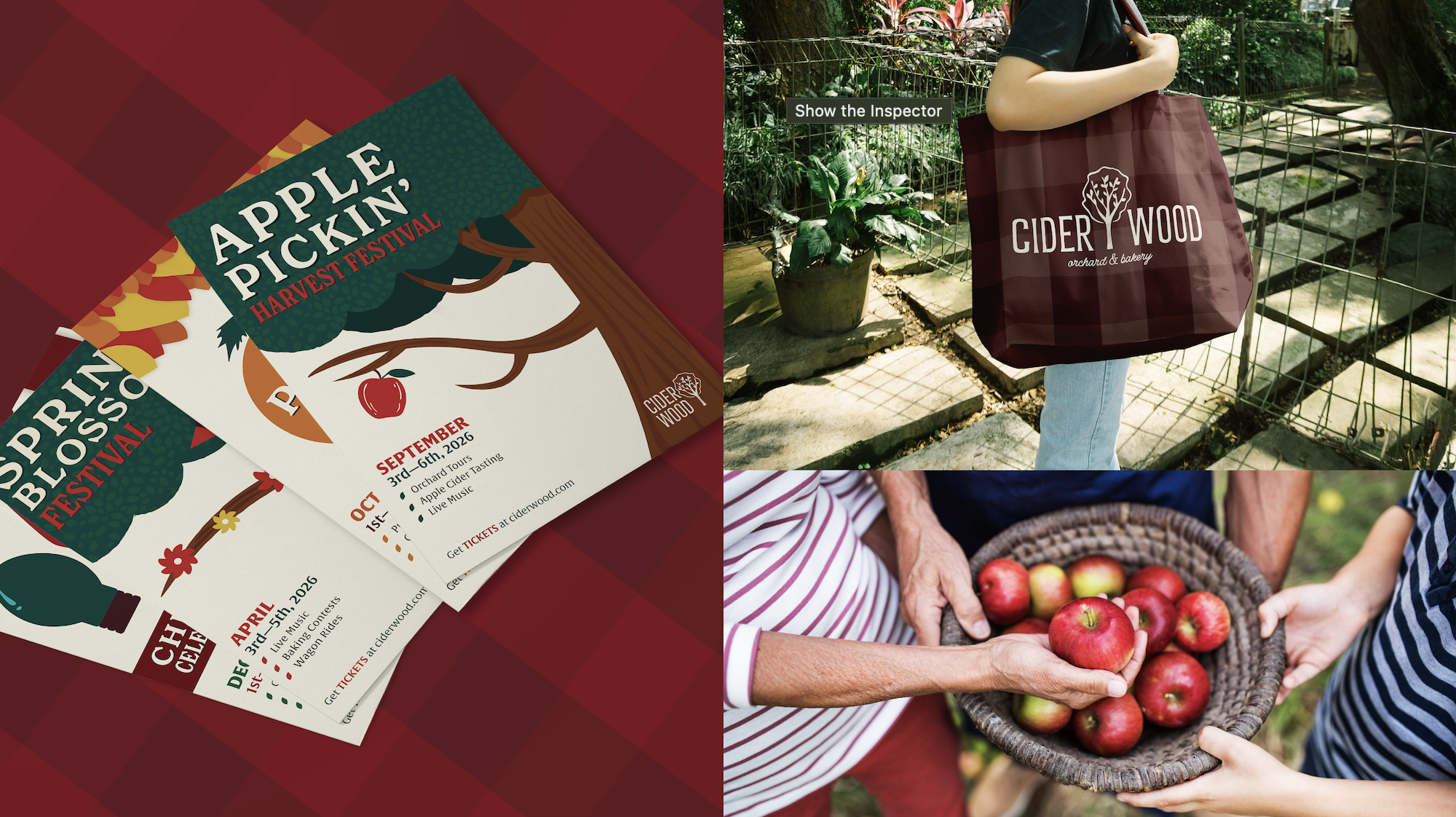 Ciderwood orchard festival collage featuring harvest event flyers, branded tote bag, and people holding a basket of red apples.