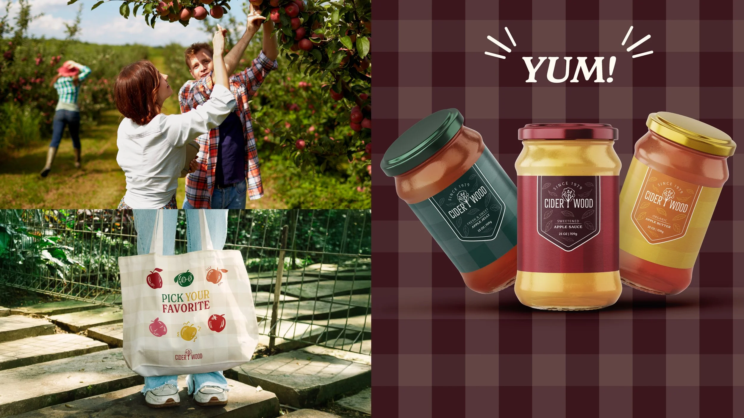 Collage of people picking apples in an orchard beside CiderWood apple jelly, applesauce, and apple butter jars