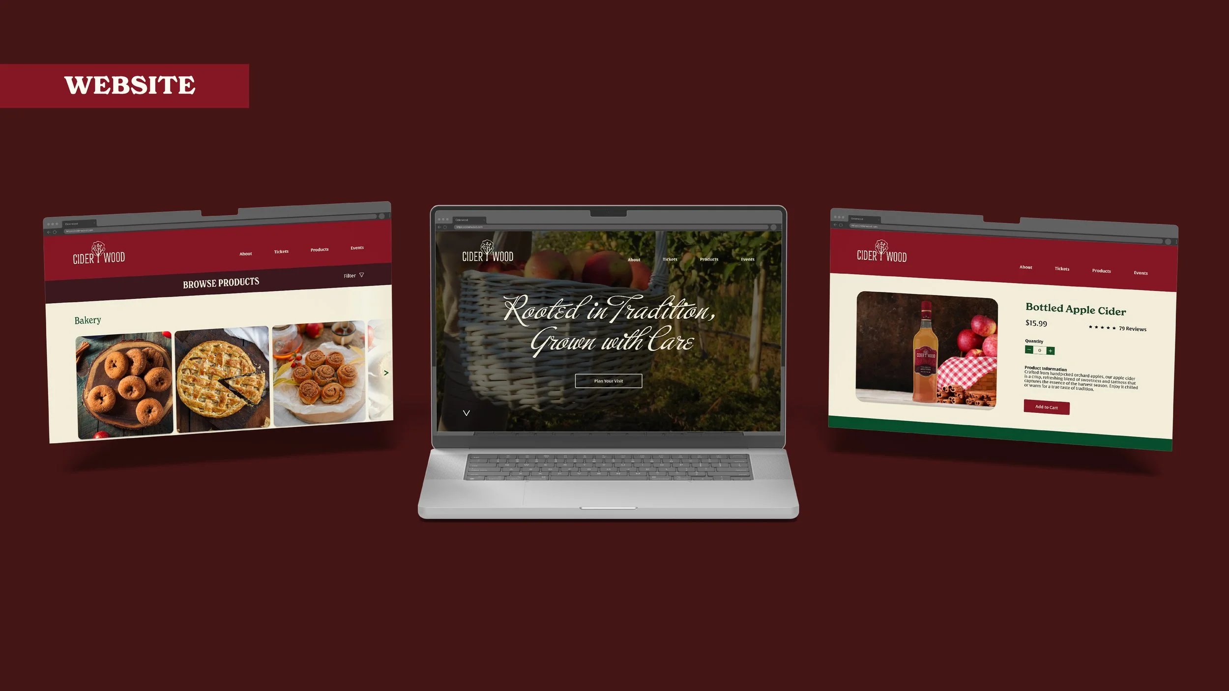 Cider Wood website mockup showing a bakery product page, homepage, and bottled apple cider product page on laptop screens